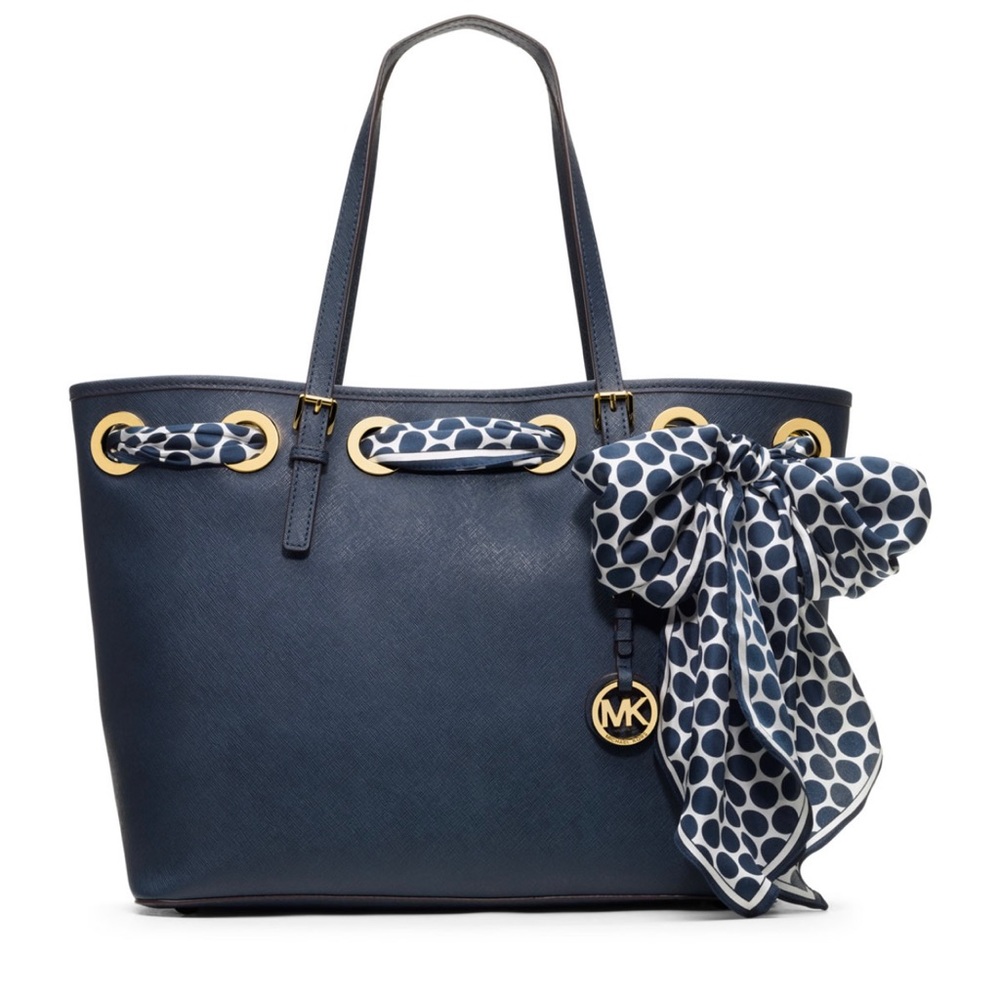 Michael Kors Ket Set Scarf Leather Tote - Navy Blue